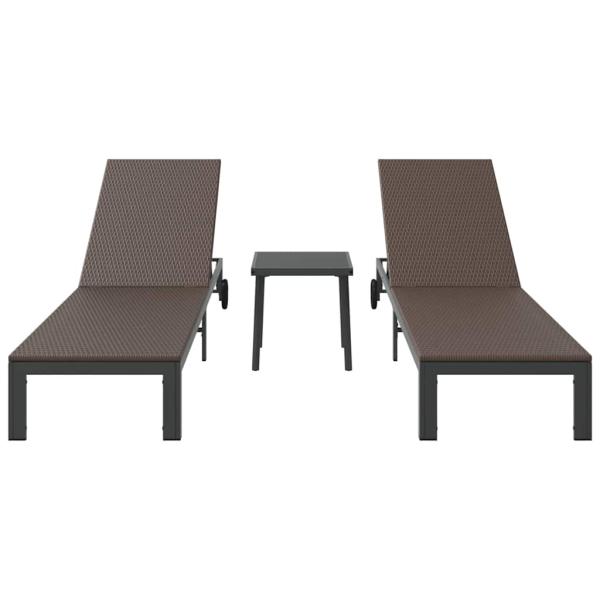 Sonnenliegen 2 Stück mit Rädern und Tisch Braun Poly Rattan