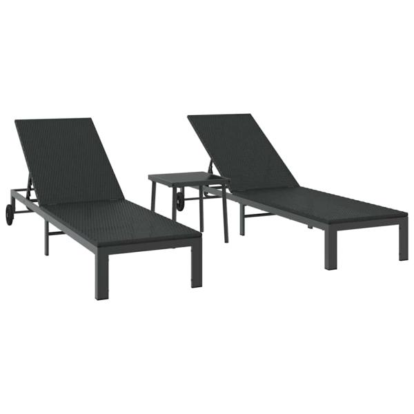 Sonnenliegen 2 Stück mit Rädern und Tisch Schwarz Poly Rattan