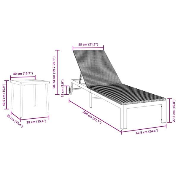 Sonnenliegen 2 Stück mit Rädern und Tisch Schwarz Poly Rattan