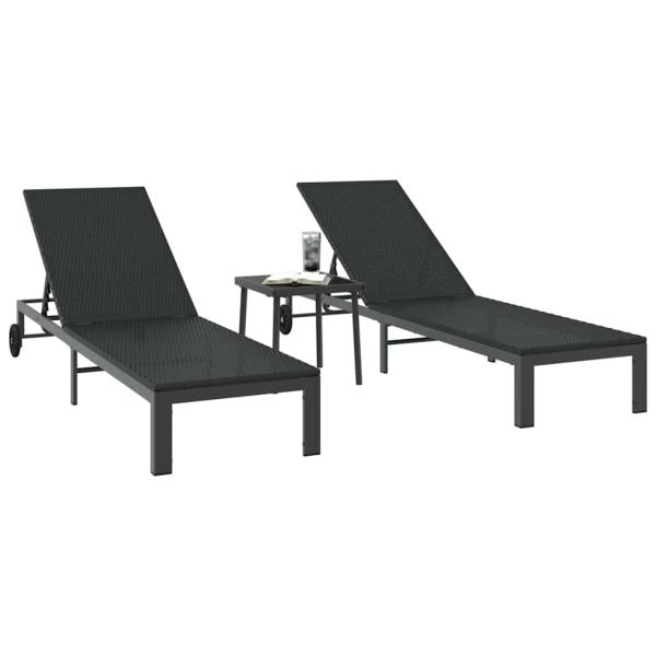 Sonnenliegen 2 Stück mit Rädern und Tisch Schwarz Poly Rattan
