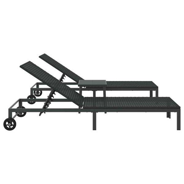 Sonnenliegen 2 Stück mit Rädern und Tisch Schwarz Poly Rattan