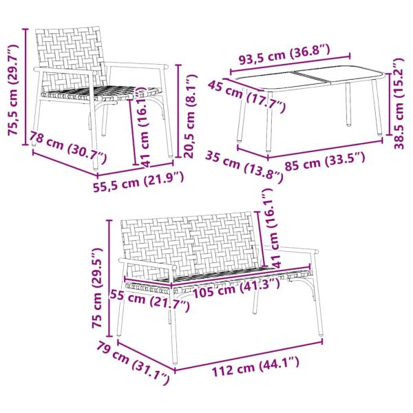4-teiliges Outdoor-Coffee-Set aus braunem Rattan und Stahl