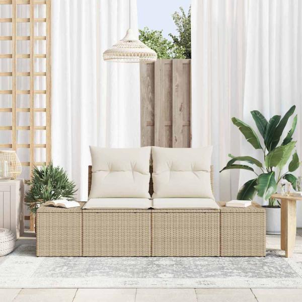 ARDEBO.de - 2-Sitzer Garten Sofa mit Stauraum und Kissen Beige Poly Rattan