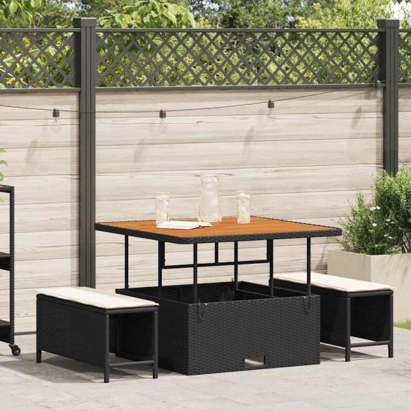 ARDEBO.de - 3-teiliges Garten-Essset mit Kissen Schwarz Poly Rattan Akazie