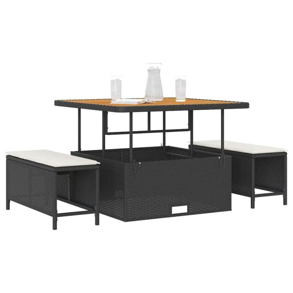 3-teiliges Garten-Essset mit Kissen Schwarz Poly Rattan Akazie