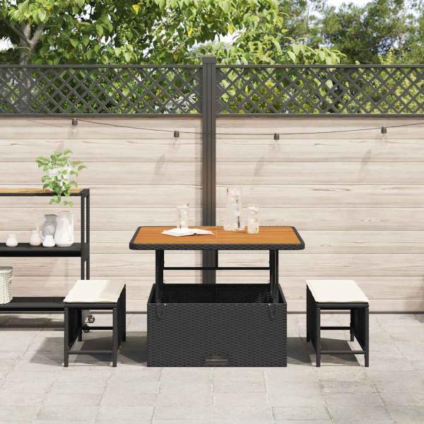 3-teiliges Garten-Essset mit Kissen Schwarz Poly Rattan Akazie
