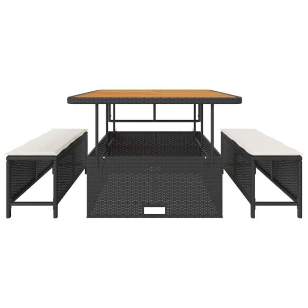 3-teiliges Garten-Essset mit Kissen Schwarz Poly Rattan Akazie