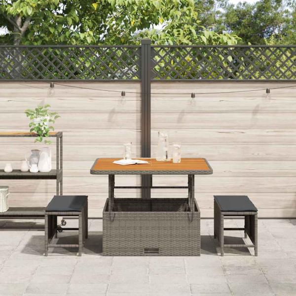 3-teiliges Garten-Esstischset mit Kissen Grau Poly-Rattan Akazie