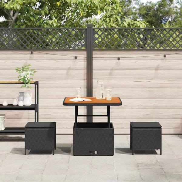 3-teiliges Garten-Dining-Set mit Kissen Schwarz Poly Rattan Akazie