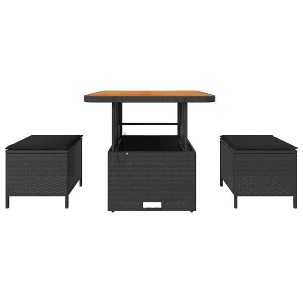 3-teiliges Garten-Dining-Set mit Kissen Schwarz Poly Rattan Akazie