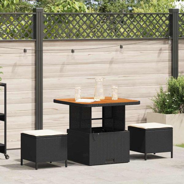 ARDEBO.de - 3-teilige Garten-Essgruppe mit Kissen Schwarz Poly Rattan Akazie