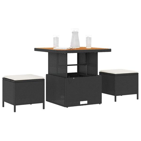 3-teilige Garten-Essgruppe mit Kissen Schwarz Poly Rattan Akazie