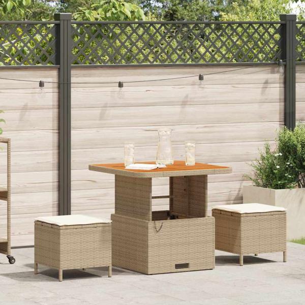 ARDEBO.de - 3-teiliges Garten Esstisch Set mit Kissen Beige Poly Rattan Akazie