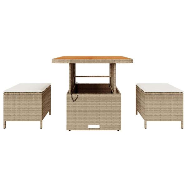 3-teiliges Garten Esstisch Set mit Kissen Beige Poly Rattan Akazie