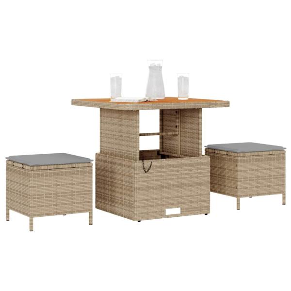 3-teilige Garten-Dining-Set mit Kissen Beige Poly Rattan Akazie