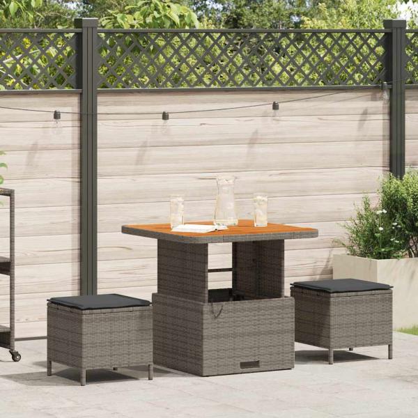 ARDEBO.de - 3-teiliges Garten-Esszimmer-Set mit Kissen Grau Poly-Rattan Akazie