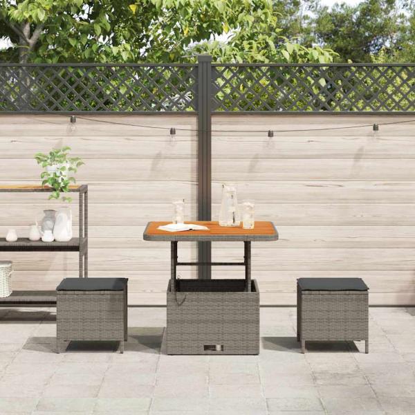 3-teiliges Garten-Esszimmer-Set mit Kissen Grau Poly-Rattan Akazie