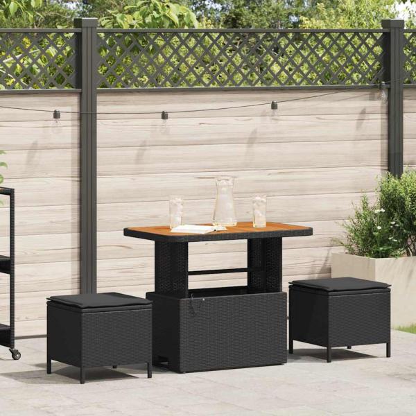ARDEBO.de - 3-teiliges Garten-Esszimmer-Set mit Kissen Schwarz Poly Rattan Akazie
