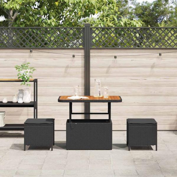 3-teiliges Garten-Esszimmer-Set mit Kissen Schwarz Poly Rattan Akazie