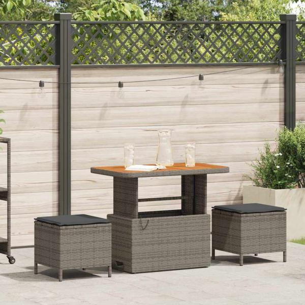 ARDEBO.de - 3-teilige Garten-Essgruppe mit Kissen Grau Poly Rattan Akazie