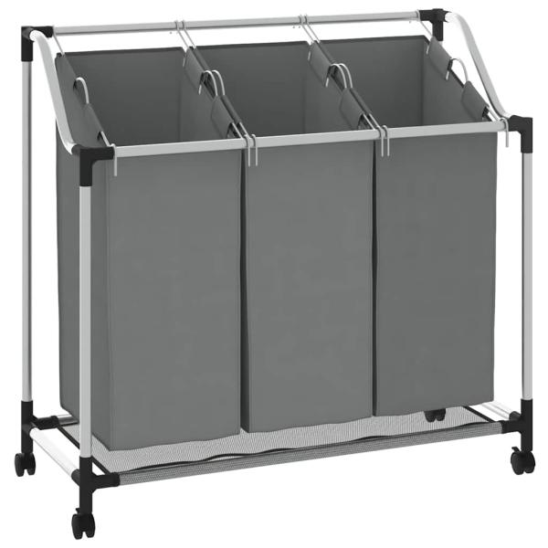 Wäschekorb mit Rollen 3 Fächer Grau