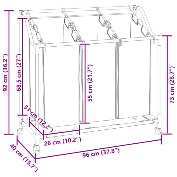 Wäschekorb mit Rollen 3 Fächer Grau