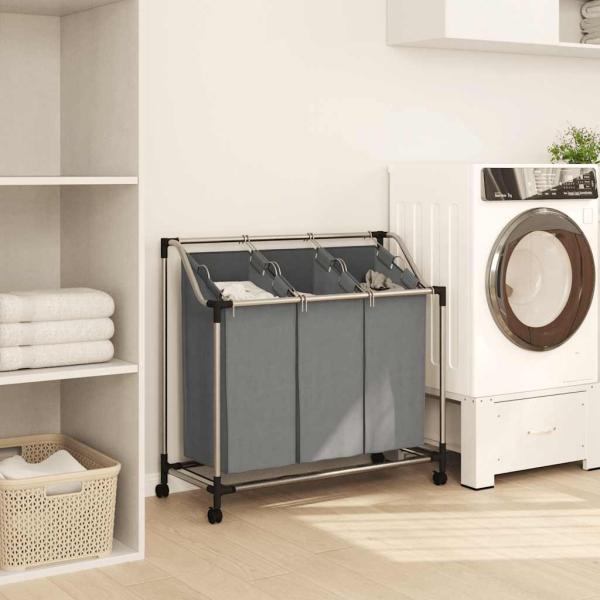 Wäschekorb mit Rollen 3 Fächer Grau