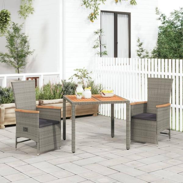 ARDEBO.de - 3-tlg. Garten-Essgruppe mit Kissen Grau Poly Rattan