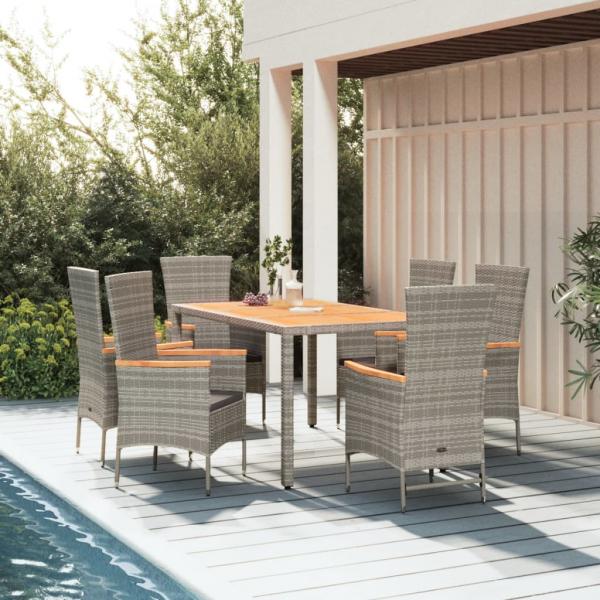 ARDEBO.de - 7-tlg. Garten-Essgruppe mit Kissen Grau Poly Rattan