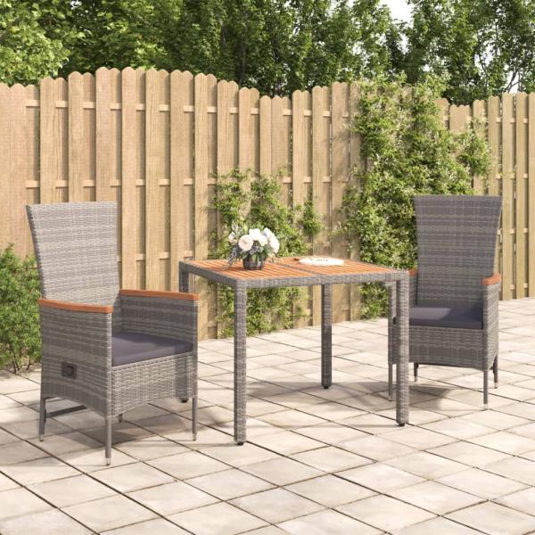 ARDEBO.de - 3-tlg. Garten-Essgruppe mit Kissen Grau Poly Rattan