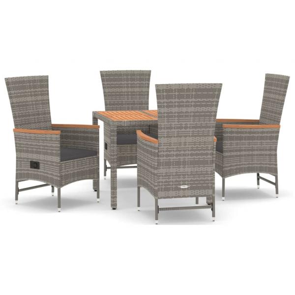 5-tlg. Garten-Essgruppe mit Kissen Grau Poly Rattan