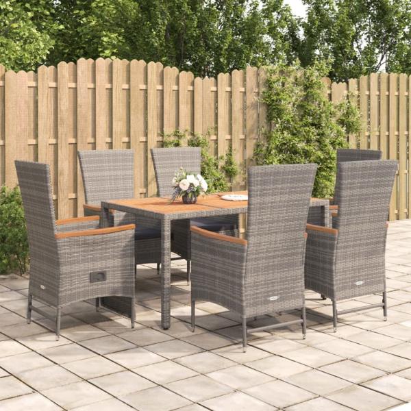 ARDEBO.de - 7-tlg. Garten-Essgruppe mit Kissen Grau Poly Rattan