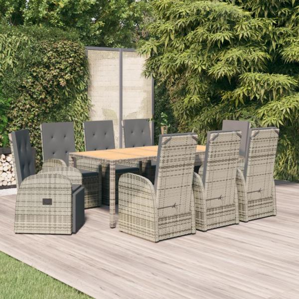 ARDEBO.de - 9-tlg. Garten-Essgruppe mit Kissen Grau Poly Rattan