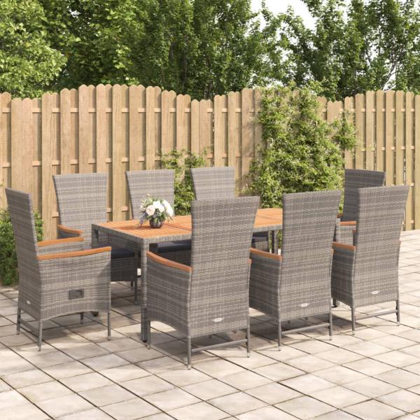 ARDEBO.de - 9-tlg. Garten-Essgruppe mit Kissen Grau Poly Rattan