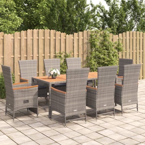 ARDEBO.de - 9-tlg. Garten-Essgruppe mit Kissen Grau Poly Rattan