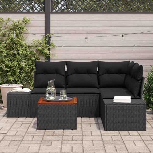 Garten-Sofa-Set 5 Teile Schwarz Poly-Rattan, gehärtetes Glas, Stahl
