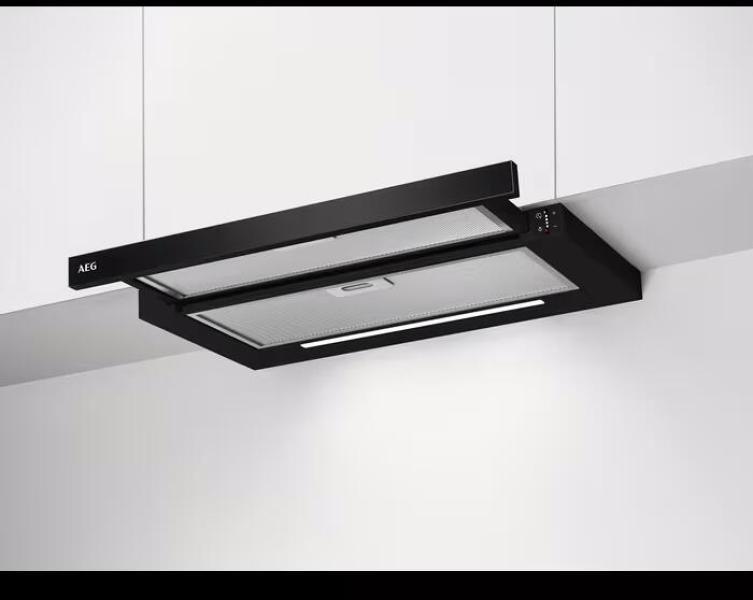 ARDEBO.de AEG DPE5661B Flachschirmhaube, 60 cm breit, Abluft- und Umluftbetrieb, Drucktasten, 3 Leistungsstufen + 1 Intensivstufe, inkl. Griffleiste, schwarz
