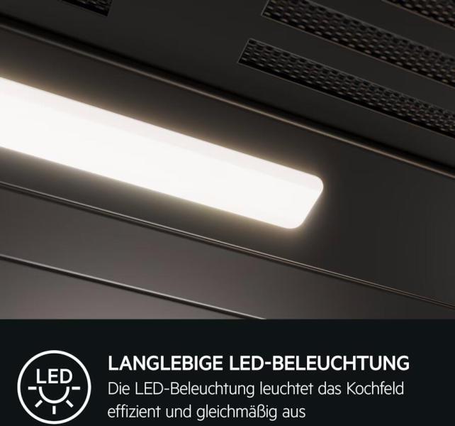 AEG DPE5661B Flachschirmhaube, 60 cm breit, Abluft- und Umluftbetrieb, Drucktasten, 3 Leistungsstufen + 1 Intensivstufe, inkl. Griffleiste, schwarz