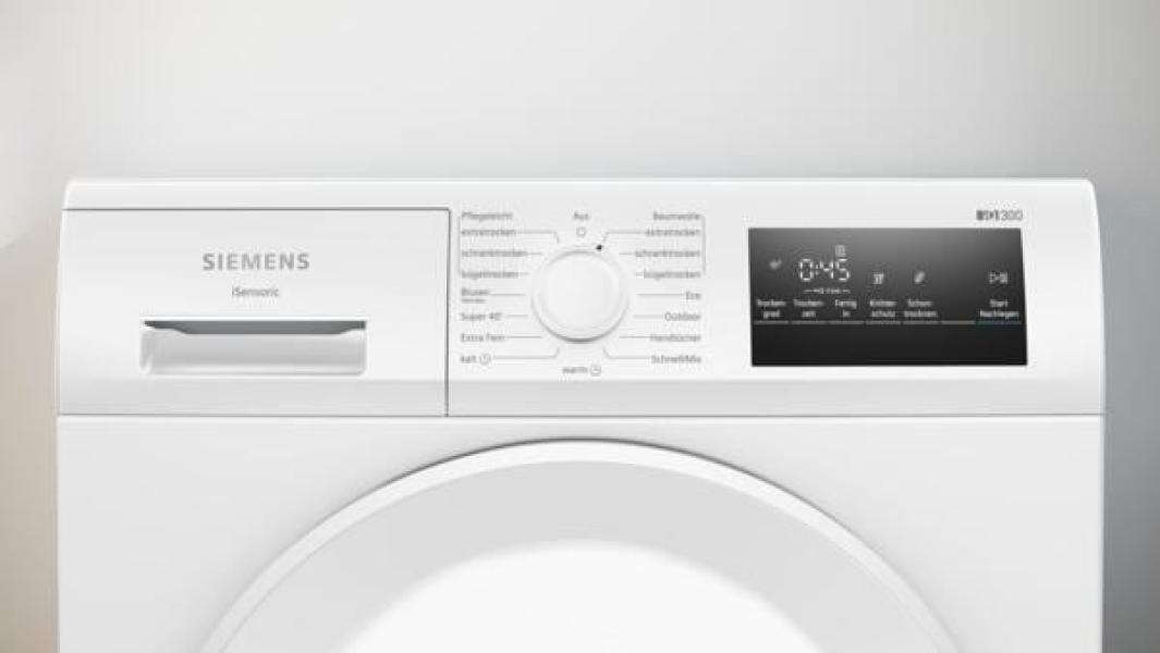 Siemens WT43HV04 iQ300 8kg EEK: D Wärmepumpentrockner, 60 cm breit, autoDry, Touch LED-Display, easyClean-Filter, softDry-Trommelsystem, weiß