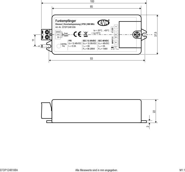 EVN EFD-Serie LED Funk-Dimmer-Empfänger, 12-48V/DC, max. 96-288W (EFDP12481X8A)