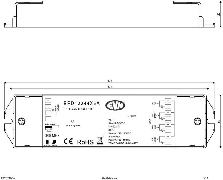EVN EFD-Serie LED Funk-Multicolor-Empfänger, 12-36V/DC, max. 240-720W (EFD12244X5A)
