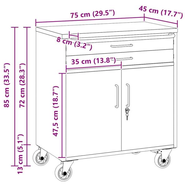 Mobiler Werkzeugschrank Rot 75x45x85 cm aus Stahl mit Verriegelung