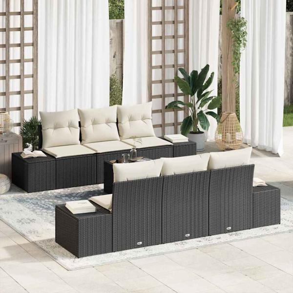 ARDEBO.de - Garten Sofa Set 7-teilig Schwarz und Weiß Rattan, Polyester