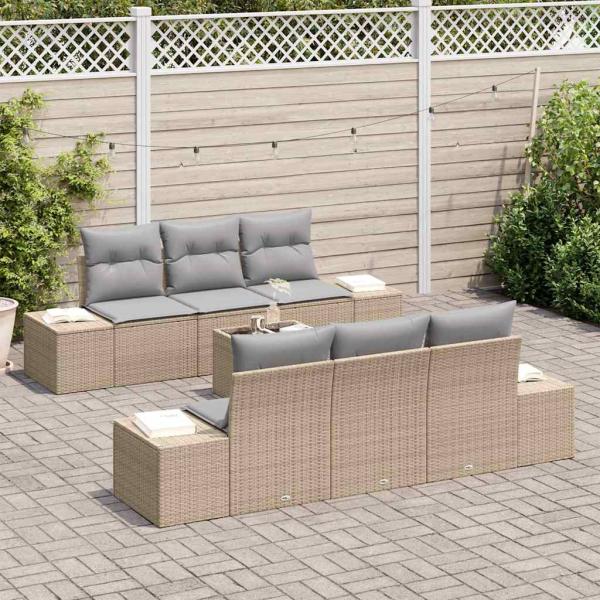 Garten Sofa Set 7 Teile Beige und Hellgrau Rattan, Polyester