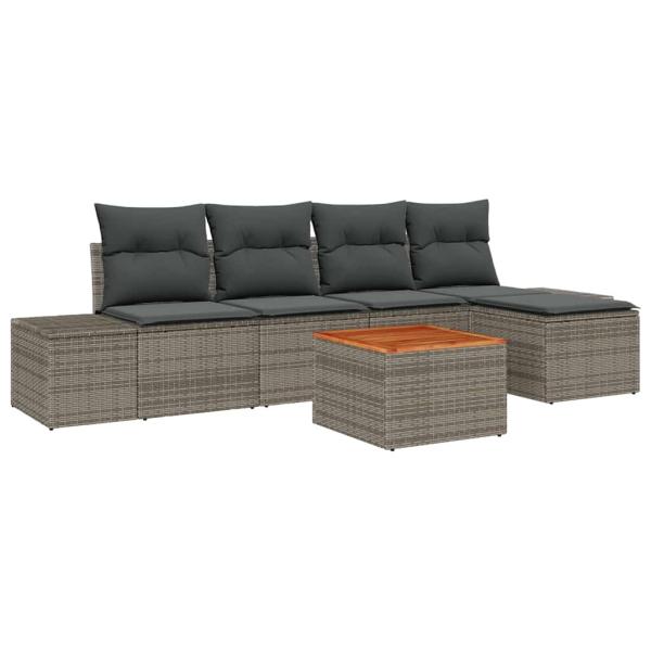 6-teiliges Garten-Sofa-Set mit Kissen Grau Poly Rattan Akazie
