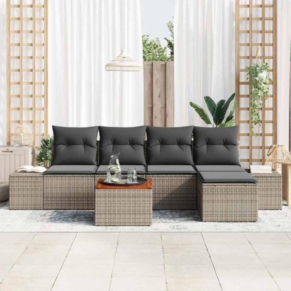 6-teiliges Garten-Sofa-Set mit Kissen Grau Poly Rattan Akazie