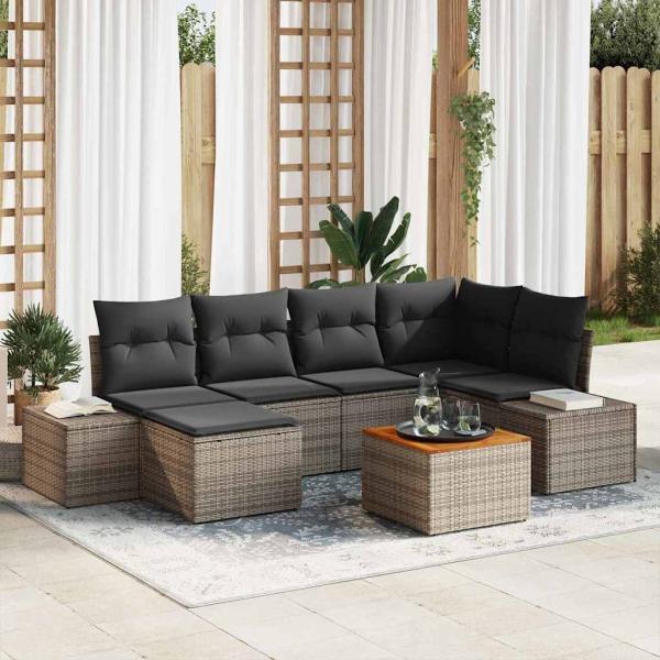 ARDEBO.de - 7-teiliges Garten-Sofa-Set mit Kissen Grau Poly Rattan Akazie
