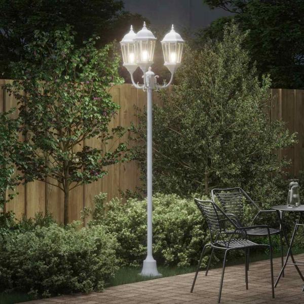 Garten Lichtmast 3-Lampe E27 Weiß 220 cm Aluminium