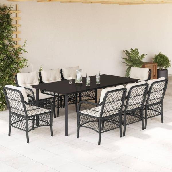 ARDEBO.de - 9-tlg. Garten-Essgruppe mit Kissen Schwarz Poly Rattan