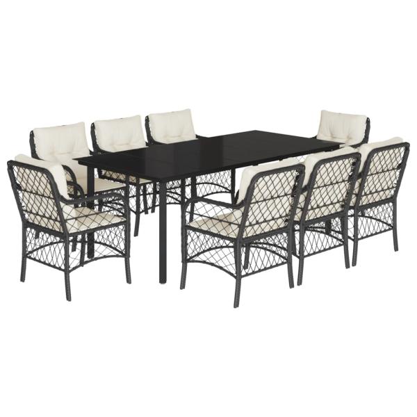 9-tlg. Garten-Essgruppe mit Kissen Schwarz Poly Rattan